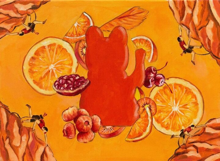 Lucky cat with oranges, Oil